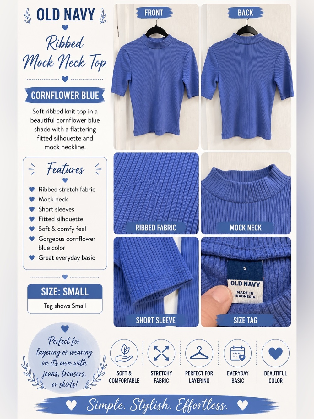 Old Navy Cornflower Blue Ribbed Mock Neck Top | Size Small | EUC